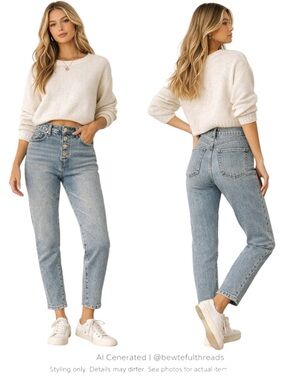 Light Wash High Rise Mom Jeans Button Fly Tapered Ankle Denim 28